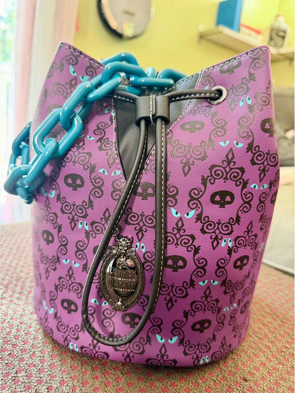Loungefly Disney Parks Haunted Mansion Wallpaper Glow Drawstring Bucket Bag NWT